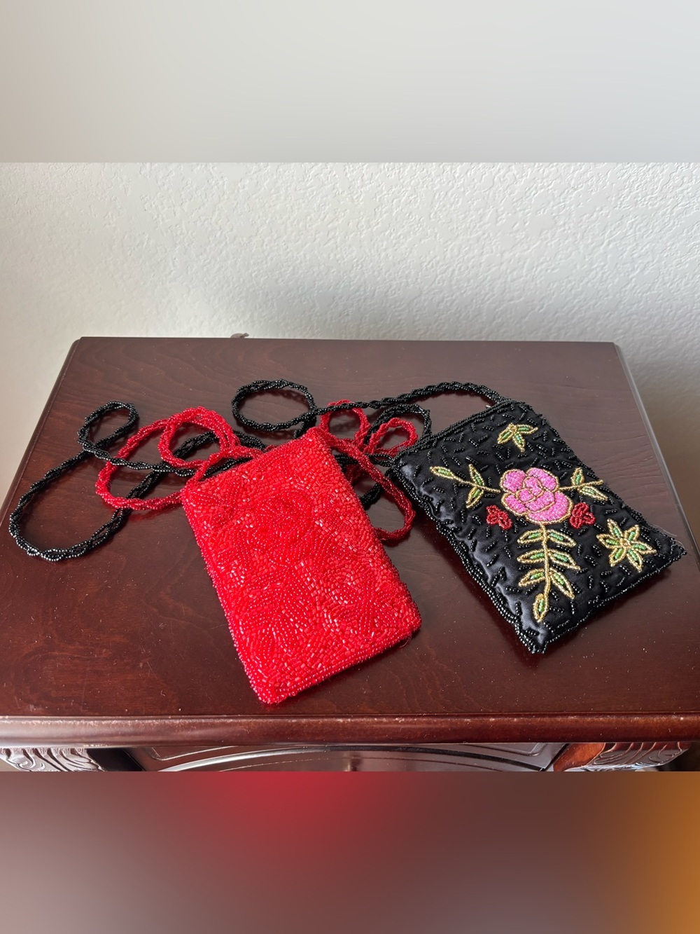 2 Beaded Crossbody Pouches - Red and Black Floral